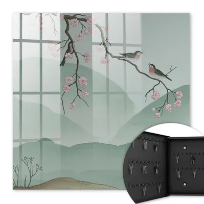 Produktbild von Metall Schlüsselkasten 30 x 30 cm - schwarzer Schlüsselschrank zur Wandmontage - wandhängende Schlüsselbox mit Tür - nach links öffnend - Schlüsselaufbewahrung für Flur - Büro - Arbeitszimmer - Werkstatt - Garage - Vögel und Blumen