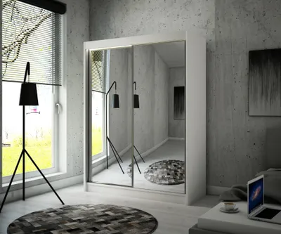 Produktbild von ALTDECOR Kleiderschrank mit Spiegel und Schiebetüren, kugelgelagerte Führungsschienen und Aluminium-Leisten 150 cm Weiß