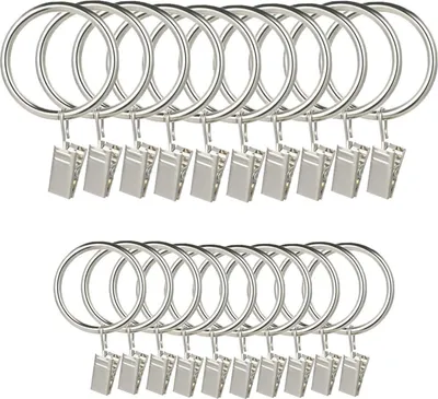 Obrázek produktu pro LumenTY 40 kovových kroužků na záclony s klipy na záclony a tyče – vnitřní průměr 30 a 38 mm, síťka na záclonové tyče s pevnými očky – stříbrná