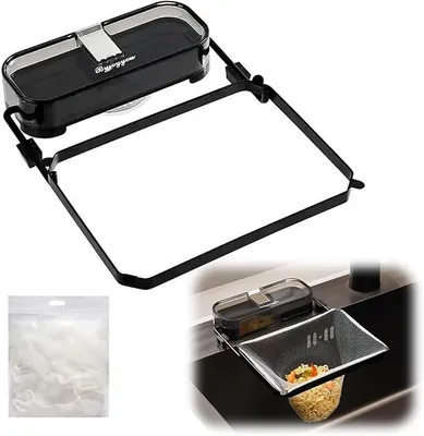 A kitchen sink strainer with a container and a bag of filter bags, shown both separately and in use.
