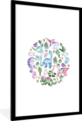 Produktbild von MuchoWow® Gerahmtes Poster Dinosaurier - Muster - Kinderzimmer - Mädchen - Kinder - Rosa - Kind 60x90 cm - Poster mit Schwarzem Bilderrahmen Wandposter Rahmen Foto Bilder - Dekoration - Wandposter Wohnzimmer - Hochwertig