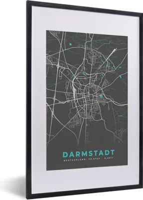 Produktbild von MuchoWow® Gerahmtes Poster Darmstadt - Stadtplan - Blau - Karte - Deutschland 40x60 cm - Poster mit Schwarzem Bilderrahmen Wandposter Rahmen Foto Bilder - Poster in Rahmen