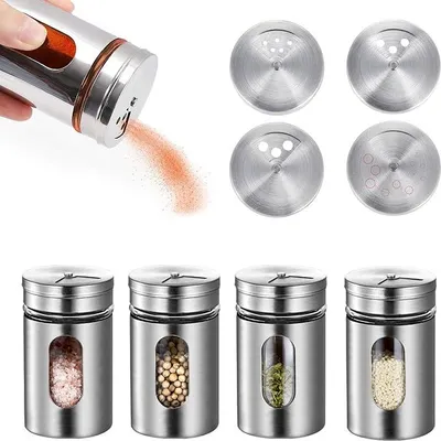 Produktbild von Gewürzdosen,4 Stück Gewürzstreuer Edelstahl,Gewürzstreuer Glas,Gewürzdose,Gewürzgläser mit Streueinsatz,Gewürzbehälter für Gewürze Küchenutensilien,Mit Sichtfenster und 3 Verschiedenen Lochgrößen,80ml