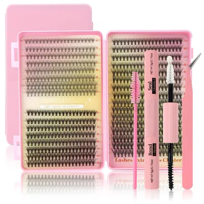 Immagine prodotto di Kit completo per applicazione di extension ciglia a grappolo, fai da te, composto da 640 pezzi di diverse lunghezze (10-16 mm), con primer, sigillante e solvente, oltre a pinzette