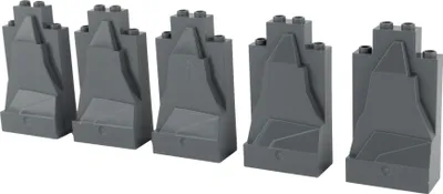 Five dark gray LEGO rock pieces are arranged in a row on a white background.