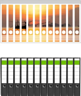 Produktbild von Wallario 12 Stück schmale Ordner inkl. Klebeetiketten mit Motive Thailändisches Fischerboot vor Sonnenuntergang -  Set mit Rückenschildern / Ordnerrücken Stickern