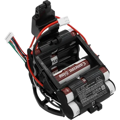 A close-up view of a battery pack with wires and connectors.