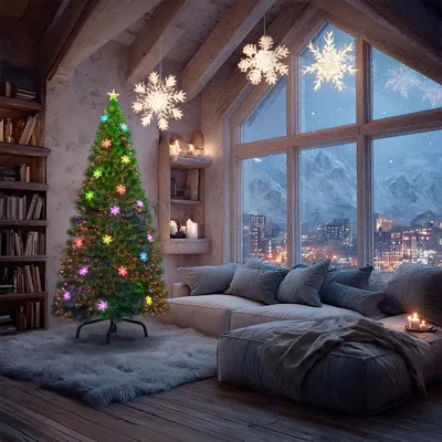 Image de YARDIN Arbre de Noël artificiel avec éclairage 240cm - Sapin de Noël LED Arbre de décoration avec flocons de neige Fibre de verre à changement de couleur (240cm, Fibre de verre multicolore avec flocons de neige)
