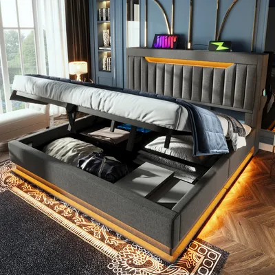 Image de okwish Lit coffre 140×200 cm, tête de lit avec rangement, ports USB/Type-C, LED, avec matelas – gris