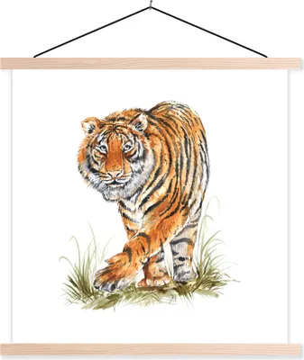Produktbild von MuchoWow® Textilposter Tiger - Gras - Kopf 120x120 cm mit holzfarbenen Rahmen - Textil-Poster