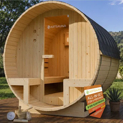 Produktbild von Artsauna Outdoor Fasssauna Spitzbergen 220 für 6 Personen - 8 kW Ofen & zwei Bänken