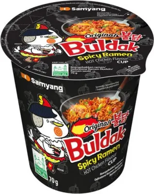 A product shot of a Samyang Buldak Hot Chicken Flavour Ramen Cup.