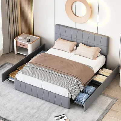 Imagen del producto de Cama tapizada de 160x200 cm con 4 cajones, cama doble acolchada con respaldo y somier, cama juvenil con espacio de almacenamiento, tapizada en terciopelo, sin colchón
