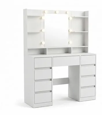 Produktbild von Relaxdays Schminktisch, Mit LED Spiegel & Aufsatz, Frisiertisch, 9 Schubladen, HBT: 144x107x40 cm, Kosmetiktisch, weiß, KI-generiertes Bild