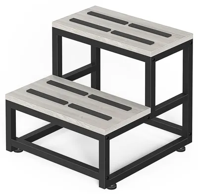 2-Stufen-Tritt Hocker, Stahl/Holz, bis 200 kg, 38x38x35,6 cm, grau
