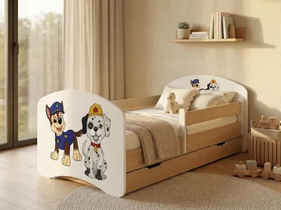 Immagine prodotto di Lettino 140x70 cm "Happy" con contenitore | Lettino per bambini con spondina di sicurezza | Finitura "Pera chiara" per la cameretta, sicurezza