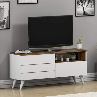 Image de HOMIDEA Meuble TV, meuble bas pour télévision, meuble TV avec 2 portes, design moderne (blanc/noyer)