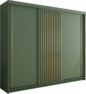 Produktbild von Kleiderschrank PESTO 250 cm Schrank Lamellen Schwebetürenschrank 3-türig mit Schubladen Kleiderstange Grün + Goldene Lamellen