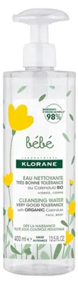 Obrázek produktu pro Klorane, Baby, jemné čištění, čistící voda, na obličej a tělo, 400 ml
