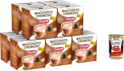 Produktbild von Crastan, 100 Kapseln, 10 Kisten aus 10 Kapseln Macchiato e cremoso Geschmack, Kapseln, die mit süßem Geschmack kompatibel sind, um zu süßen zu schmecken + Italian Gourmet polpa 400g