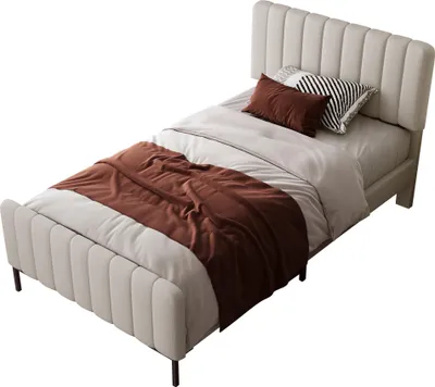 Produktbild von okwish Polsterbett Einzelbett 90 x 200 cm, Bettgestell mit Lattenrost und Verstellbares Kopfteil, Bettrahmen Jugendbett für Schlafzimmer Leinen Beige