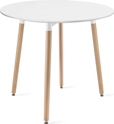 A white round table with three wooden legs on a white background.
