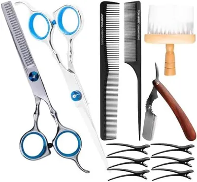Produktbild von Friseurscheren-Set mit Haarschneideschere, Effilierschere und Haarklammern für das Haarstyling von Männern und Frauen