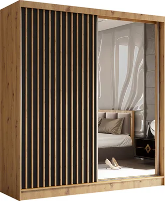 Produktbild von Masseno Schiebetürenschrank LAMELLO 200 cm Kleiderschrank Schlafzimmer Schrank 2-türig mit Spiegel und Lamellen Eiche Artisan