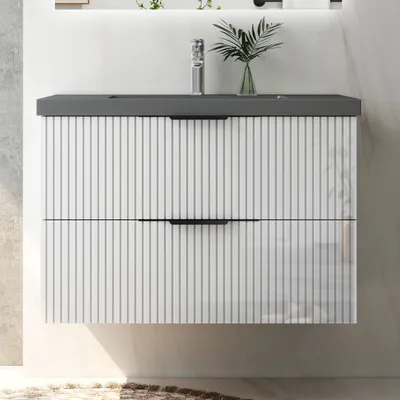 Produktbild von Waschtisch mit Unterschrank 80cm RIVA Badmöbel Set Hochglanz Weiß Waschbecken Dunklegrau mit Unterschrank Softclose