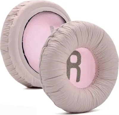 Two pink and gray headphone ear pads are shown on a white background.
