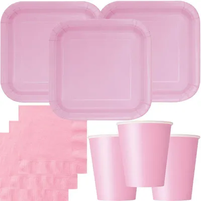 Produktbild von Party Deko Set rosa Einweggeschirr für 14 Personen eckige Teller, Becher, Servietten Hochzeit Geburtstag
