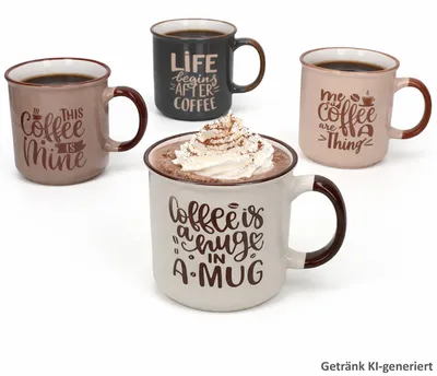 Immagine prodotto di Set da 4 tazze da caffè XL da 700 ml, tazze jumbo con scritte, rosa, marrone, grigio