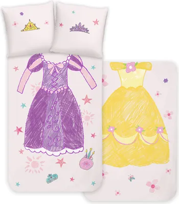 A flat lay of a Disney Princess themed duvet cover and pillowcases with drawings of princess dresses and crowns.