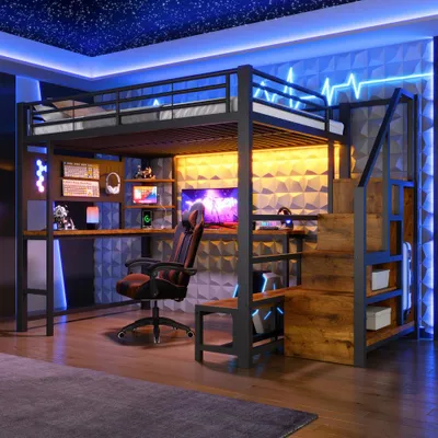 Productafbeelding van Multifunctioneel hoogslaper met bureau, LED-verlichting, USB- en USB-C-aansluitingen, prikbord, planken en een open kast, zonder matras, zwart, 140 x 200 cm