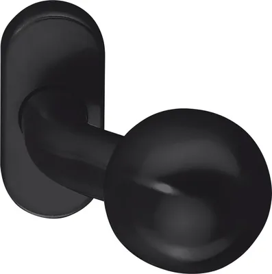 A black door knob with a round handle attached to an oval rosette, shown against a white background.