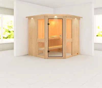 Productafbeelding van Karibu Sauna, binnensauna Amelia, hoekmodel, zonder accessoires, 245x210x202 cm, met daklijst
