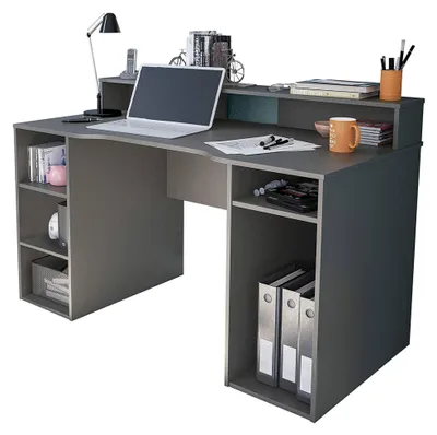 Produktbild von Schreibtisch Phoenix, Moderner Schreibtisch von Gaming, Studiertisch für PC und CD-Halter, Studiertisch mit Regalen, 136x67h88 cm, Anthrazit