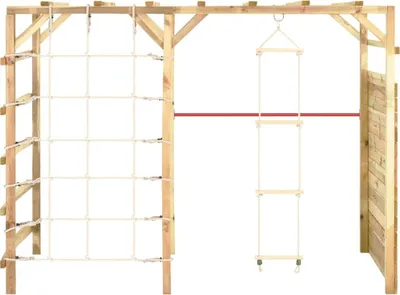 A wooden climbing frame with a rope net and a rope ladder.