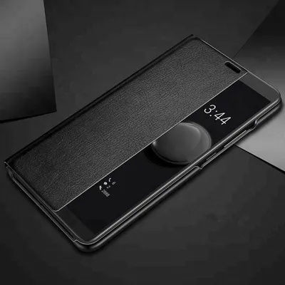 A black smartphone with a flip cover is shown on a dark background.