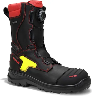 A single black fire boot with red accents and yellow detailing is shown against a white background.