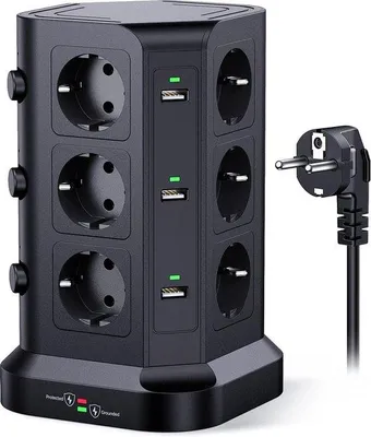 Obrázek produktu pro Elektrická rozvodná skříňka s 12 zásuvkami, 6 USB porty, 2m kabel, ochrana proti přetížení, 4000 W, černá