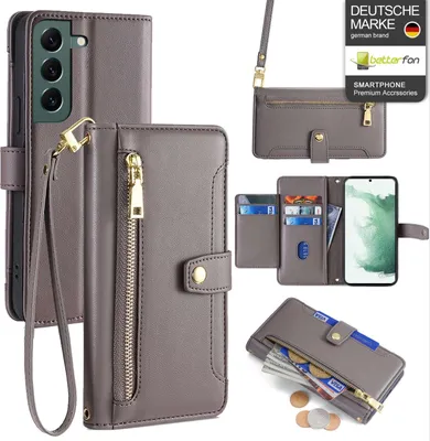 Produktbild von Handykette Samsung Hülle mit Band Handyhülle Kartenfächer Kunstleder Umhängetasche Galaxy S22+ Grau