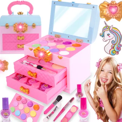 A child's makeup set with various accessories, including nail polish, eyeshadow, and brushes, is displayed alongside a young girl applying lipstick.