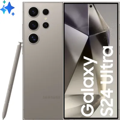 A Samsung Galaxy S24 Ultra phone with its stylus is displayed.