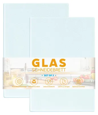 Image de Lot de 2 planches à découper en verre, 28 x 20 cm, planche à découper en verre transparent, plateau en verre résistant aux rayures avec pieds antidérapants en silicone, planche à découper de cuisine pour les légumes et la viande