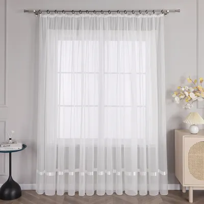 Produktbild von Joyswahl Vorhang mit Kräuselband Voile Gardine mit Band Schlafzimmer Wohnzimmer Transparent einfarbig uni Weiß HxB 245x450cm 1 Stück