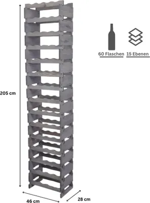 Produktbild von Weinregal VINOTECA FLEX PRO | HxBxT 205x46x28cm | 60 Flaschen auf 15 Ebenen | Massives Kiefernholz | Grau