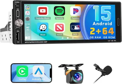 Obrázok produktu pre 2 + 64 GB, Android 1, autorádio s bezdrôtovým Carplay a Android Auto, 6,9-palcový dotykový displej, Bluetooth, rádio s GPS, Wi-Fi, ekvalizérom, FM a RDS, cúvacia kamera