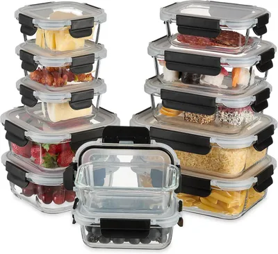 Image de Boîtes de conservation avec couvercle - Verre - Lot de 12 - 5 tailles - Couvercle en plastique - Hermétiques - Transparent - Noir