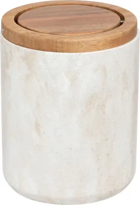 A close-up studio shot of a small trash can with a wooden lid.